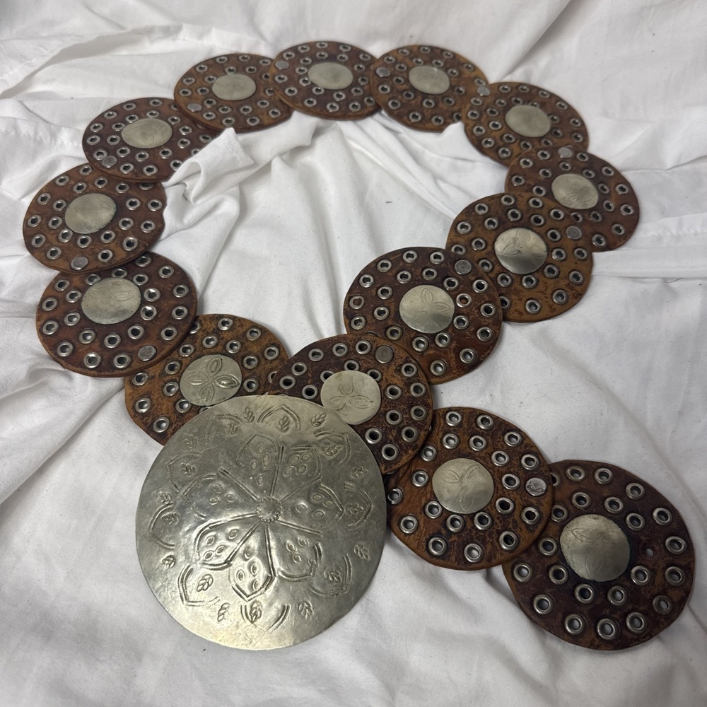 Vintage Morocco Leather Disc Belt Womens Large Brown Silver Concho Boho Western